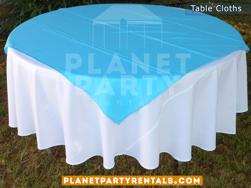 Round Table with White Table Cloth and Light Blue Overlay/Runner