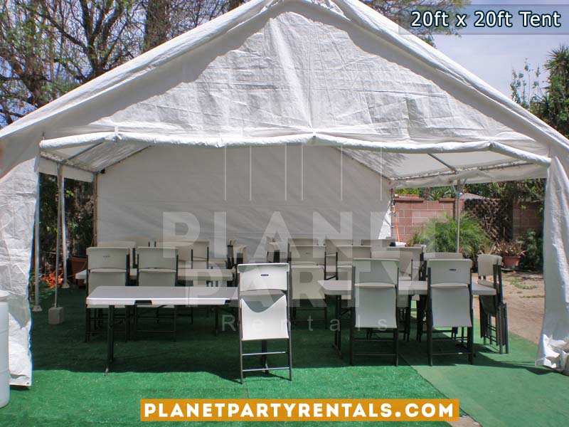 20ft x 20ft White Party Tent with tables and chairs | Party Rental Equipment